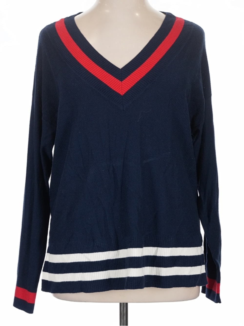 CHAPS V-Neck Striped Trim Navy Sweater